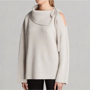 All Saints Wool Sura Tie Neck Grayish Sweater with Shoulder Cutout-SizeS